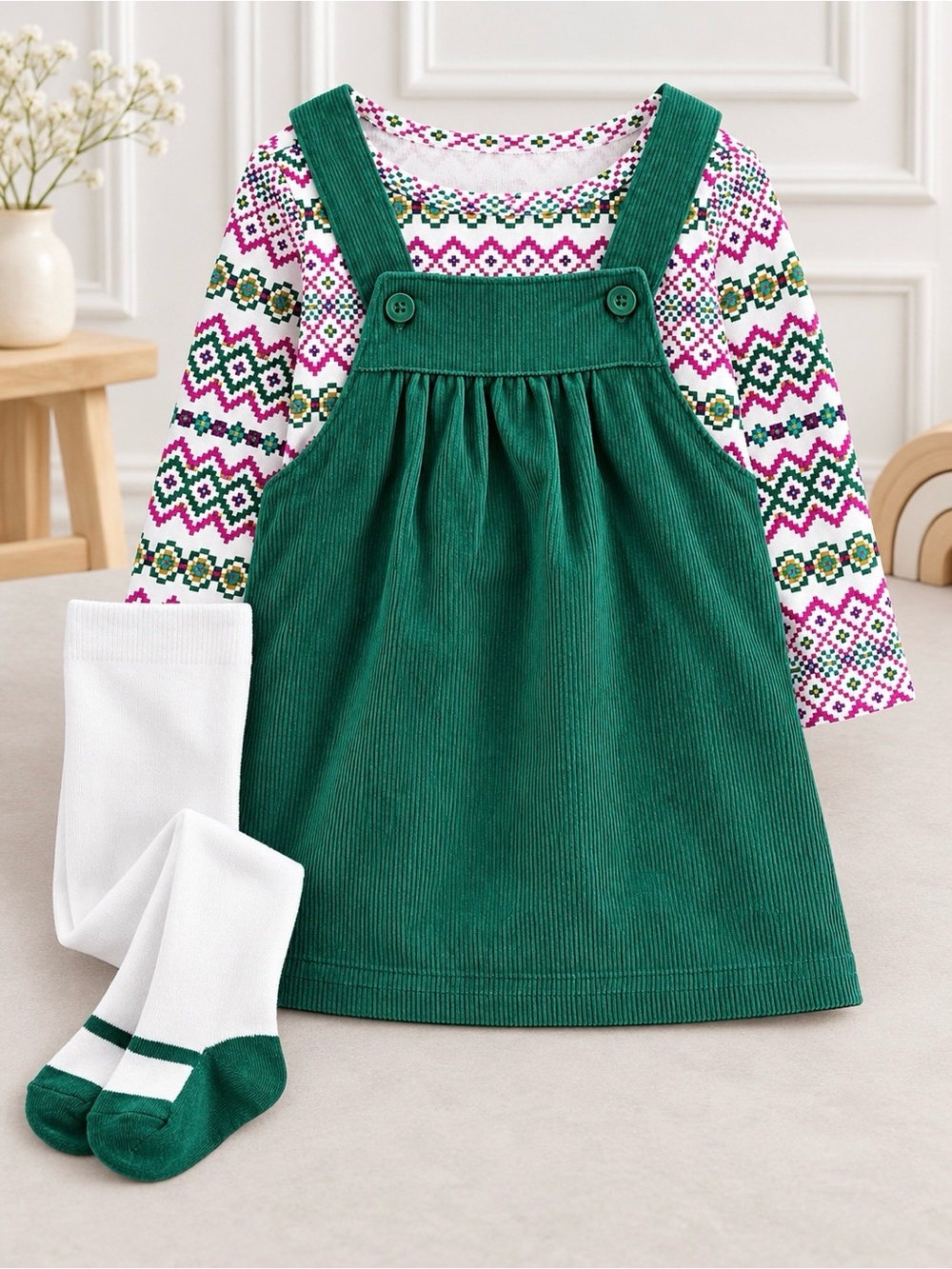 Carter’s Baby Girl 3-Piece Set Corduroy Jumper Long Sleeve Tee & Socks